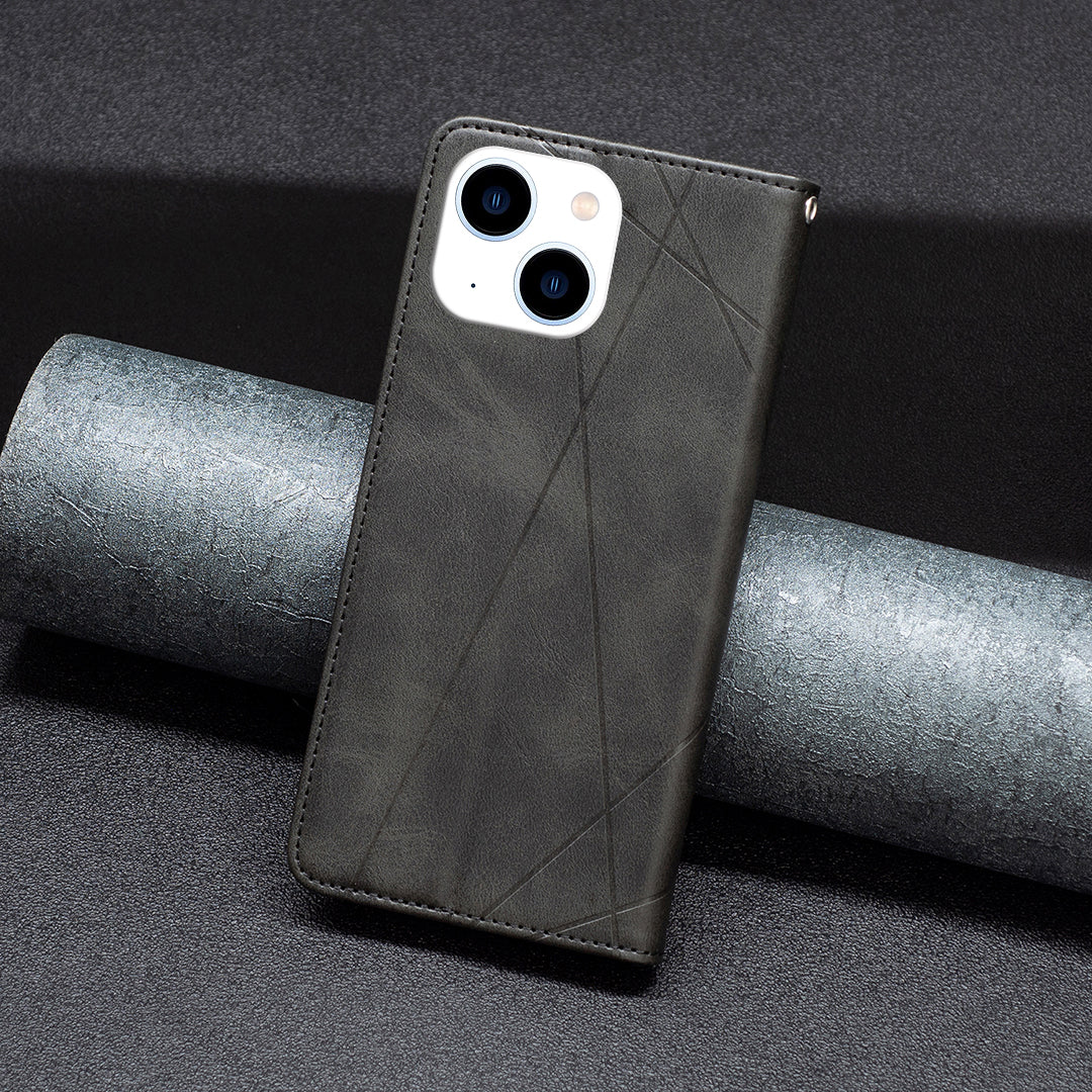 Uniqkart for iPhone 15 Card Holder Shell Imprinted Line Cell Phone Case Stand Leather Phone Cover - Black Uniqkart for iPhone 15 Card Holder Shell Imprinted Line Cell Phone Case Stand Leather Phone Cover - Black